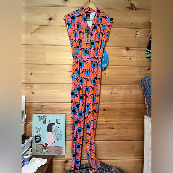 Nooworks Pants - Nooworks Bright Pink Orange & Blue Printed Sleeveless Jumpsuit